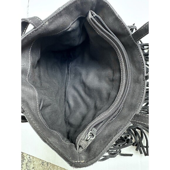 NINE WEST Suede Fringe Black Shoulder Bag/Purse Southwestern Boho Beaded Tie - Picture 7 of 9